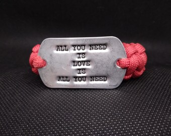 Red LOVE Paracord Bracelet with Genuine Military Dogtag 7 1/2 inches