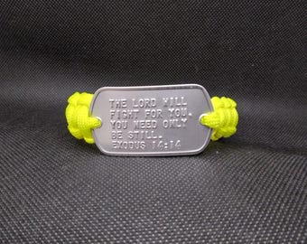 Neon Yellow EXODUS 14:14 Paracord Bracelet with Genuine Military Dogtag 8 inches