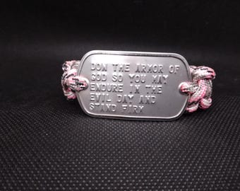 Pink Camo DON THE ARMOR Paracord Bracelet with Genuine Military Dogtag 7 3/4 inches