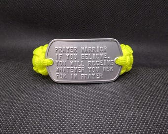 Neon Yellow PRAYER WARRIOR Paracord Bracelet with Genuine Military Dogtag 8 inches