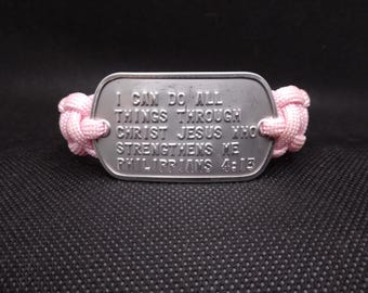 Light Pink PHILIPPIANS 4:13 Paracord Bracelet with Genuine Military Dogtag 7 3/4 inches