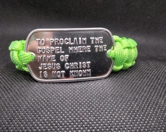 Neon Green MISSIONS Paracord Bracelet with Genuine Military Dogtag 8 3/4 inches
