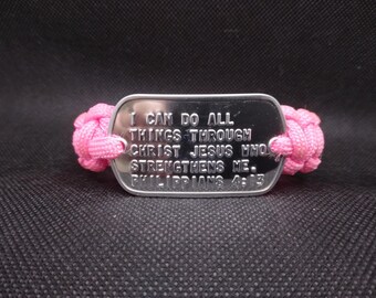 Hot Pink PHILIPPIANS 4:13 Paracord Bracelet with Genuine Military Dogtag 8 1/4 inches