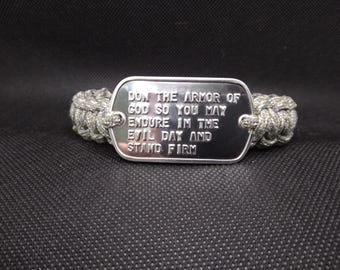 Camo DON THE ARMOR Paracord Bracelet with Genuine Military Dogtag  8 1/2 inches