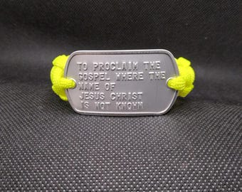 Neon Yellow Missions Paracord Bracelet with Genuine Military Dogtag 7 1/2 inches