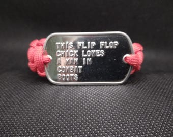 Red FLIP FLOP CHICK Paracord Bracelet with Genuine Military Dogtag 7 1/2 inches