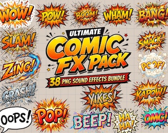 Comic Style Action Bundle | Pop Art Comic Sound Effects PNG Clipart | Comic Book Explosion Words Set | Instant Download Digital Pack