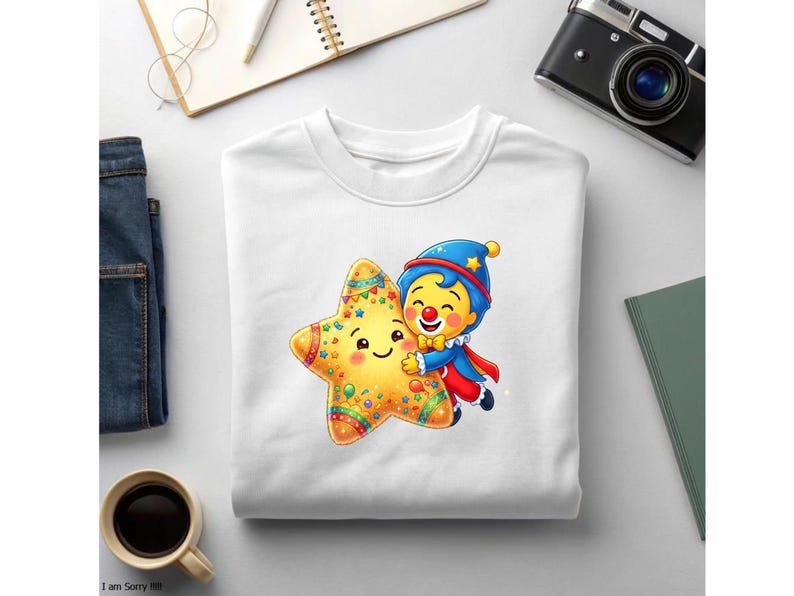 K&ouml;nnte beinhalten: Ein wei&szlig;es Sweatshirt mit Rundhalsausschnitt und einer bunten Grafik eines l&auml;chelnden gelben Sterns, der von einer kleinen Clownfigur mit blauem Hut, rotem Hemd und gelber Fliege umarmt wird, wobei der Stern mit Konfetti verziert ist.