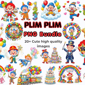 K&ouml;nnte beinhalten: Eine digitale Sammlung von Plim Plim Charakter-Illustrationen mit verschiedenen Szenen, darunter Luftballons, Kuchen, Z&uuml;ge, Regenb&ouml;gen und Sterne. Der Text PLIM PLIM PNG Bundle 20+ Cute high quality images steht in der Mitte der Grafik.