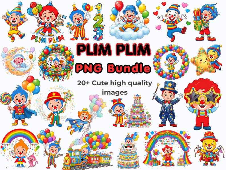 K&ouml;nnte beinhalten: Eine digitale Sammlung von Plim Plim Charakter-Illustrationen mit verschiedenen Szenen, darunter Luftballons, Kuchen, Z&uuml;ge, Regenb&ouml;gen und Sterne. Der Text PLIM PLIM PNG Bundle 20+ Cute high quality images steht in der Mitte der Grafik.