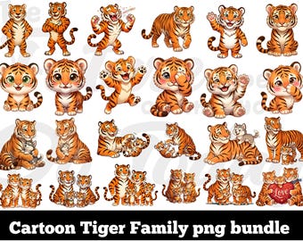 Cartoon Tiger Family Clipart, Baby Tigers, Jungle Animals  PNG Bundle (Digital Download)