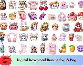 Kawaii Clipart Bundle | Pastel Animals, Food, Coffee Illustrations (SVG, PNG)