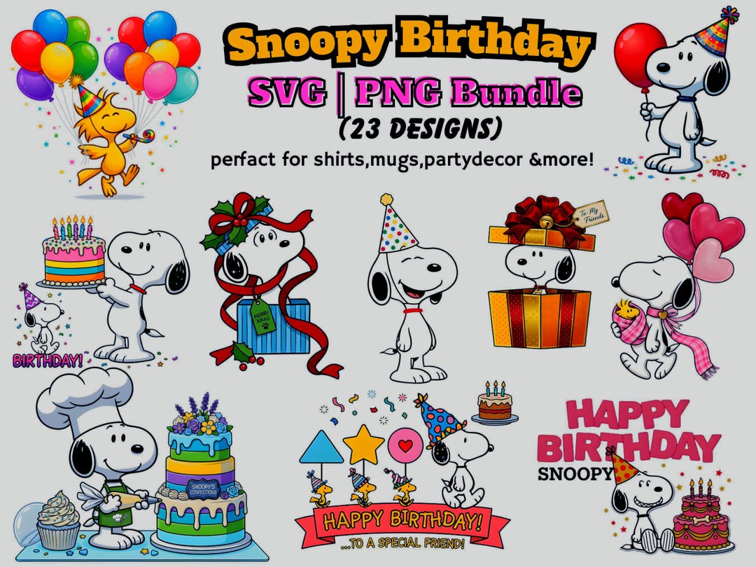 Snoopy Birthday PNG Bundle | Peanuts Party Decor Clipart (23 Designs)