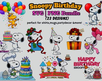 Snoopy Birthday PNG Bundle | Peanuts Party Decor Clipart (23 Designs)