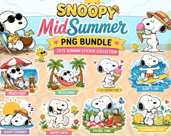 Snoopy Mid Summer PNG Bundle, Strand Urlaub Clipart, Eis Aufkleber (Digitaler Download)