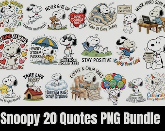 Snoopy Motivation Zitate PNG Bundle, Cartoon Clipart, Positive Vibes Sublimation (Digitaler Download)