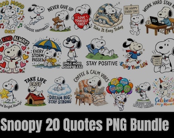 Snoopy Motiverende Citaten PNG Bundel, Cartoon Clipart, Positieve Vibes Sublimatie (Digitale Download)