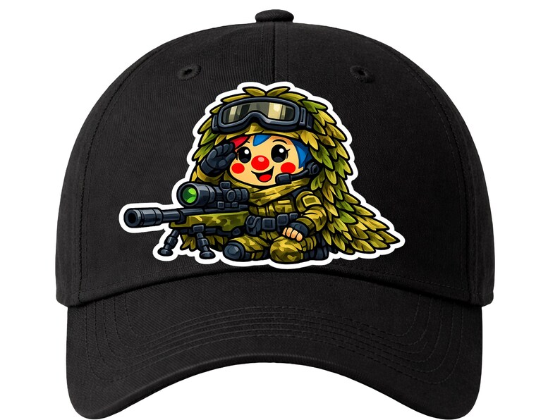 May include: Black baseball cap with a cartoon illustration of a character in camouflage clothing, wearing goggles and saluting. The character is holding a sniper rifle. The design has a white border.