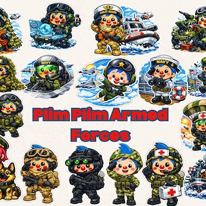 May include: A set of vibrant cartoon stickers depicting characters in military uniforms. The stickers show soldiers, a coast guard, a medic, and a navy sailor. The text "Plim Plim Armed Forces" is displayed in red.