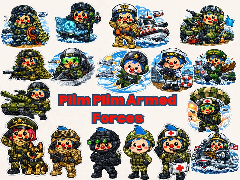 May include: A set of vibrant cartoon stickers depicting characters in military uniforms. The stickers show soldiers, a coast guard, a medic, and a navy sailor. The text "Plim Plim Armed Forces" is displayed in red.