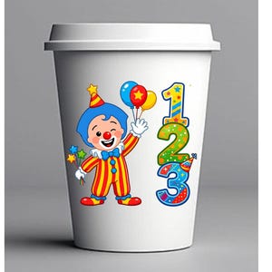K&ouml;nnte beinhalten: Ein wei&szlig;er Einwegbecher mit einer bunten Grafik eines Clowns mit blauem Haar, roter Nase und rot-gelb gestreiftem Outfit. Der Clown h&auml;lt ein B&uuml;ndel Luftballons und Sterne. Neben dem Clown befinden sich die gro&szlig;en, bunten Zahlen 1, 2 und 3.