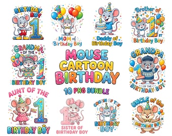 Mickey Mouse Cartoon Birthday PNG Bundle | Family Shirt Designs (Instant Download)