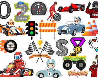 Cartoon Racing Cars Clipart Bundle, Kids Birthday Sublimation Graphics