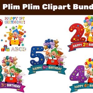 Può includere: Un pacchetto di clipart digitali con personaggi di Plim Plim e design a tema compleanno. Include i numeri da 1 a 5, ognuno con un design unico, palloncini e il testo "Happy 1st Birthday!" a "Happy 5th Birthday!" in uno stile cartone animato colorato.