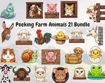 Peeking Farm Animals PNG Bundle, Cow Pig Chicken Goat Horse Clipart (Digital Download)