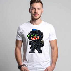 May include: White t-shirt with a cartoon soldier graphic. The soldier is depicted in black tactical gear, including a helmet with green night vision goggles and blue hair. The design is centered on the white t-shirt.
