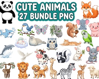 Cartoon Animal Clipart Bundle – 27 Kids Nursery Crafts PNG Illustrations