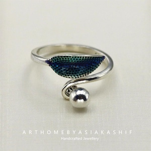 925 Sterling Silver Leaf Charm Ring with Beaded Fringe – Bohemian Adjustable Open Ring, Nature-Inspired Dainty Stackable Jewelry