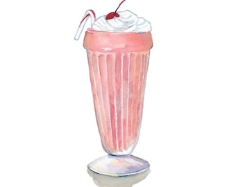 Strawberry Milkshake Art - Ice Cream Milkshake Watercolor Painting - Food Illustration - Kitchen Art - 8x10 Print