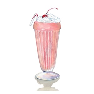Strawberry Milkshake Art - Ice Cream Milkshake Watercolor Painting - Food Illustration - Kitchen Art - 8x10 Print