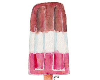 Neopolitan Popsicle Art - Summer Popsicle Still Life Art Print - Pop Art - Chocolate, Vanilla and Strawberry Watercolor Art, 5x7 Print