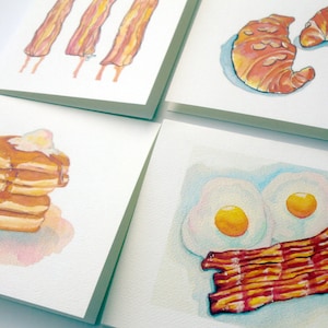 Breakfast Brunch Cards - Breakfast Foods Card Set - Foodie Watercolor Art Note Cards- Bacon, Pancakes, Eggs, Croissants - Set of 4