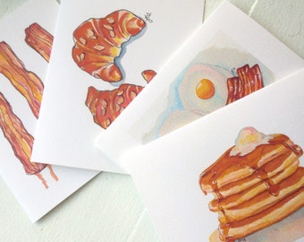 Pancake Cards - Breakfast Foods Card Set - Foodie Watercolor Art Note Cards- Bacon, Pancakes, Eggs, Croissants - Set of 8