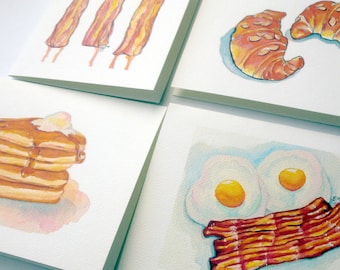 Breakfast Brunch Cards - Breakfast Foods Card Set - Foodie Watercolor Art Note Cards- Bacon, Pancakes, Eggs, Croissants - Set of 4