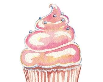 Pink Cupcake Art Watercolor Painting Illustration - Pink Cupcake Art Food Art Print, 5x7 Fun Wall Art