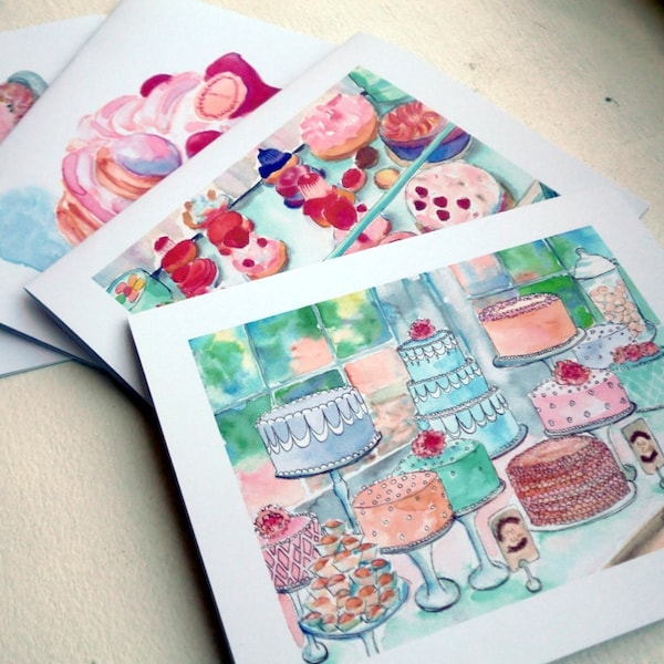Cute Cake Cards - Cakes and Pastries Greeting Cards - Bakery Sweets Watercolor Art Notecards - Food Illustration Cards - Set of 12 Cards