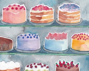 Cake Window Watercolor Painting - Art Dessert Display no. 3 Print - Colorful Food Illustration Still Life Watercolor Painting - 11x14 Print