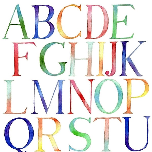 Alphabet Letters Watercolor Painting - Typography Kids Room Watercolor Art Print, Rainbow Letters - 8x10