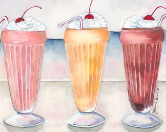 Milkshake Art - 11x14 Print - Three Milkshakes Soda Shop Painting - Chocolate, Vanilla, and Strawberry