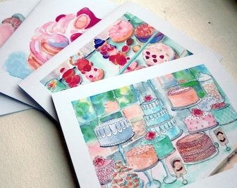 Tarjetas de pasteles lindos - pasteles y pasteles tarjetas de felicitación - Panadería dulces acuarela arte Notecards - tarjetas de ilustración de alimentos - conjunto de 12 tarjetas