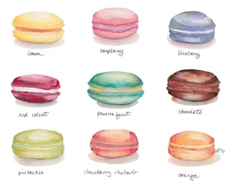 Macarons menú acuarela pintura impresión - galletas francesas - arco iris de la ilustración de la acuarela arte impresión, 8x10