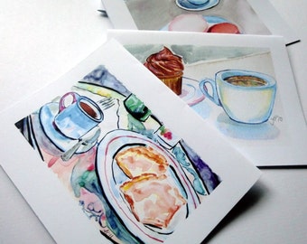 Tarjetas en blanco Cafe - acuarela tarjetas de arte escenas de café, juego de 4