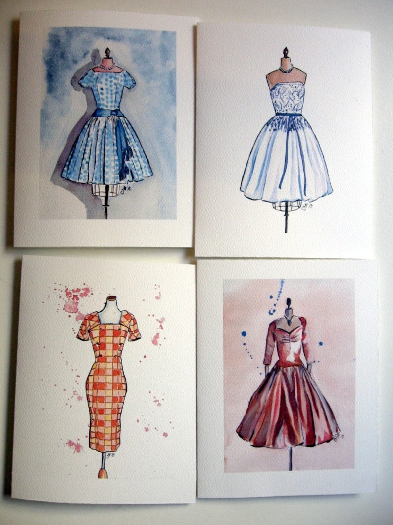 Vintage Dress Cards Ed. 1, Watercolor Art Note Cards, Set of 8 image 4