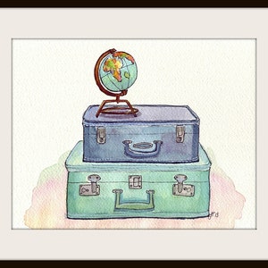Watercolor Painting Vintage Suitcases and Globe Blue and Green Travel Wanderlust Illustration 5x7 Print image 3