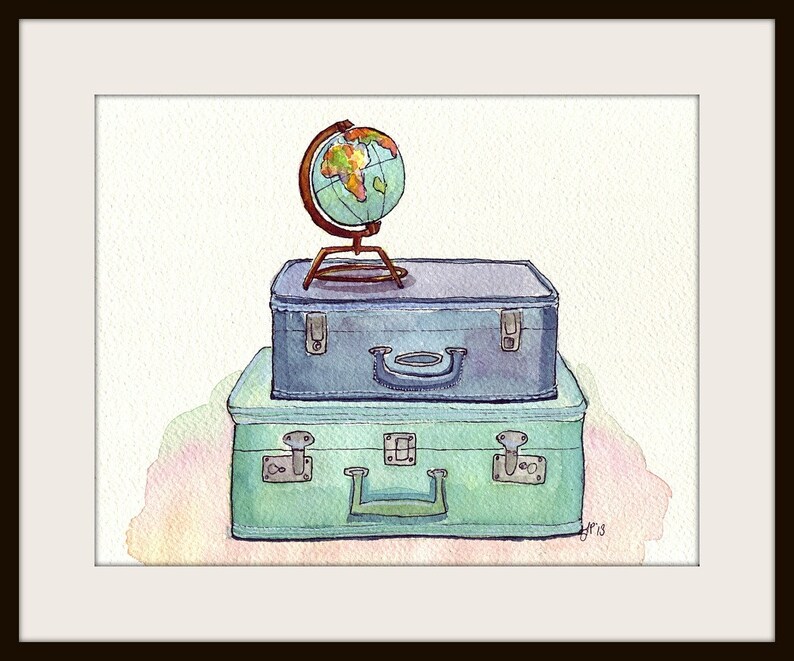 Watercolor Painting Vintage Suitcases and Globe Blue and Green Travel Wanderlust Illustration 5x7 Print image 3