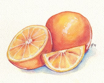 Oranges Still Life Watercolor Painting - Orange Fruit Slice Watercolor Art Print, 8x10 Print